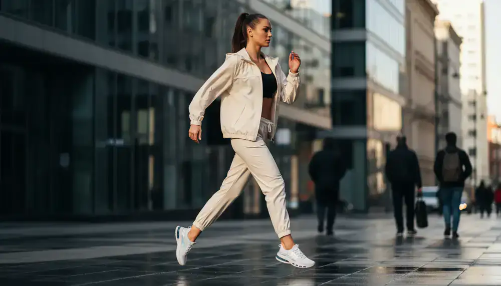 Modèle portant une tenue de sport urbaine contemporaine